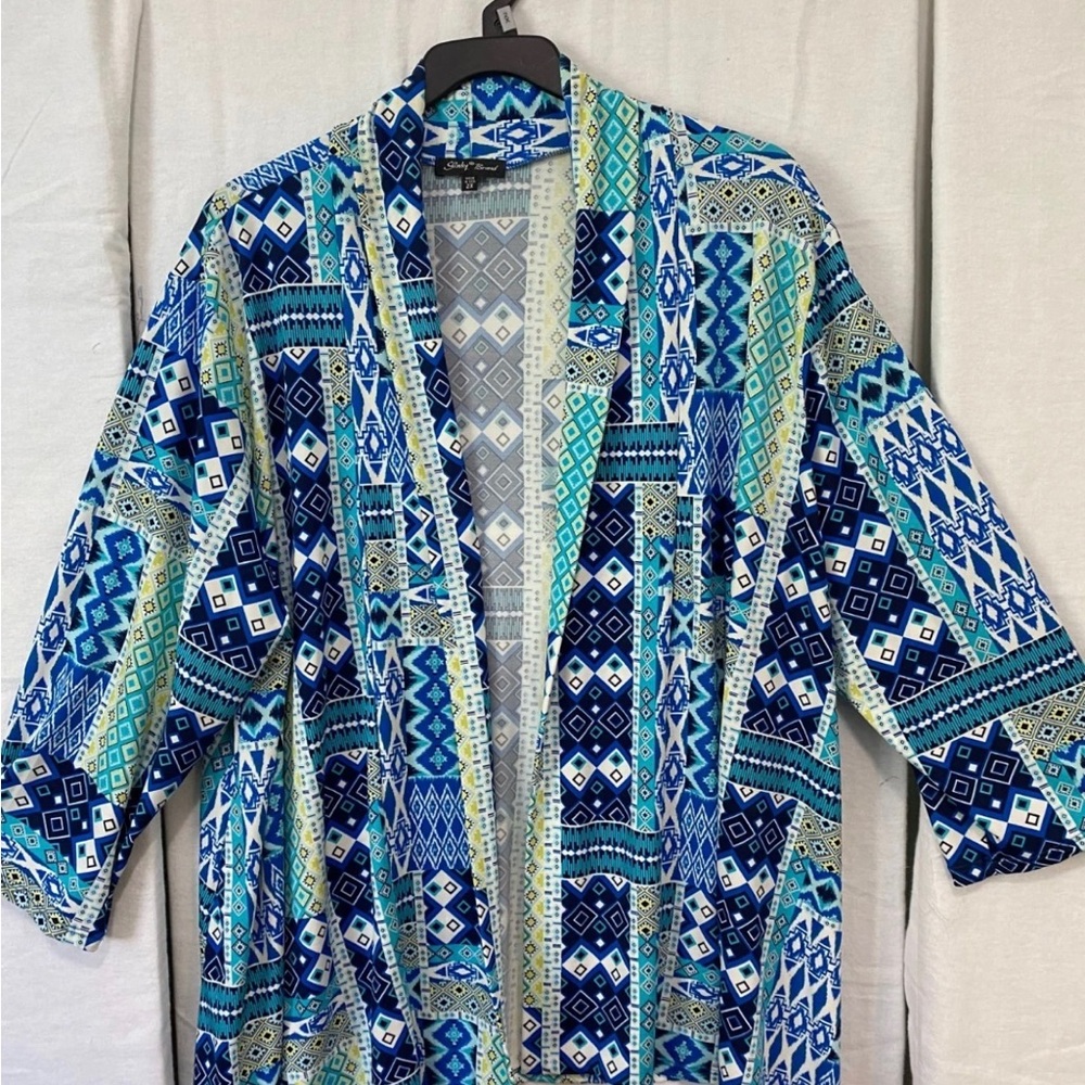 Slinky Brand Blue & Aqua Geometric Open-Front Jacket